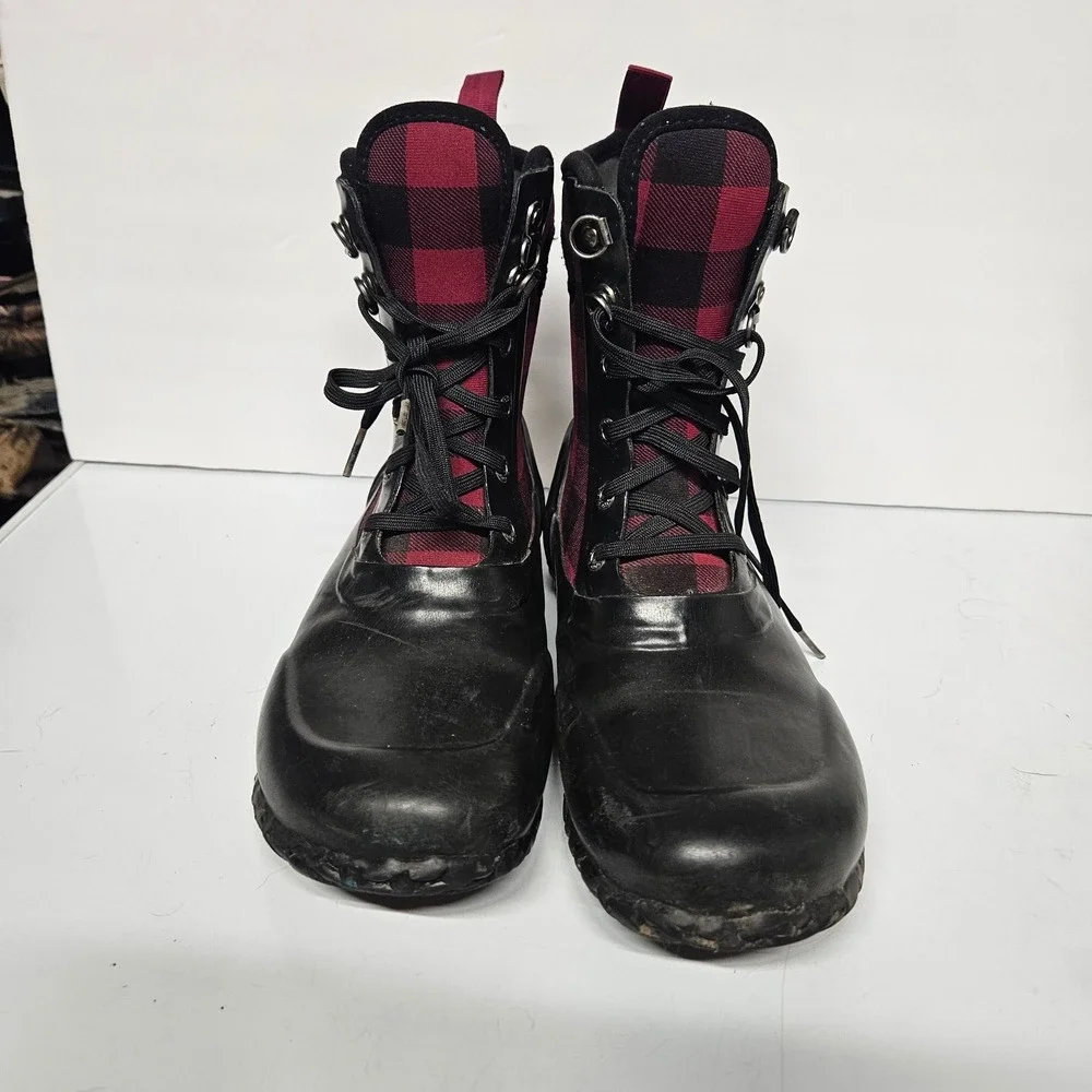 Bogs Sidney Lace PLD Youth 4 Black Red Buffalo Plaid Waterproof Winter Boots